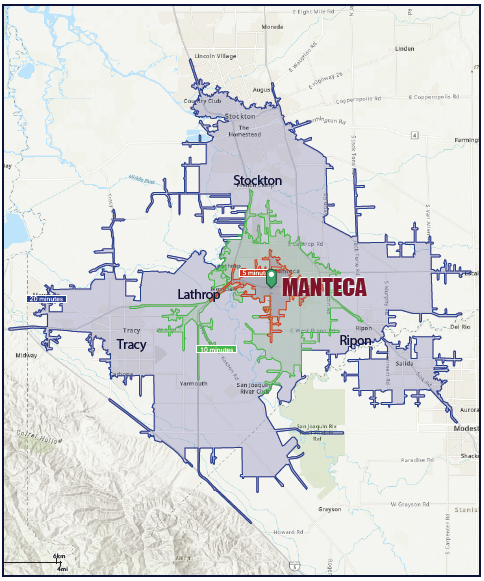 Drive time map for Manteca showing 5, 10, and 20 minute ranges